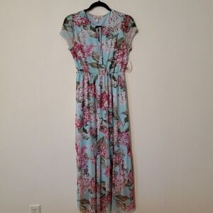 Dress Harlow & Rose Maxi Dress Small Lt Blue Floral Lined Tiered  Cap Slv NWT